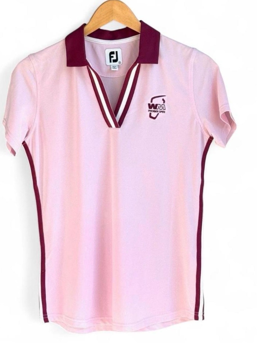 FootJoy FJ Women’s Pink WM Phoenix Open Golf Polo Small Ribbon Trim Stripe Logo